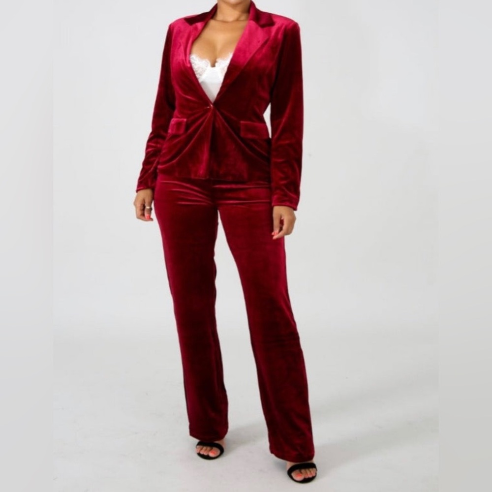 Burgundy Polyester- Velour Pant Set